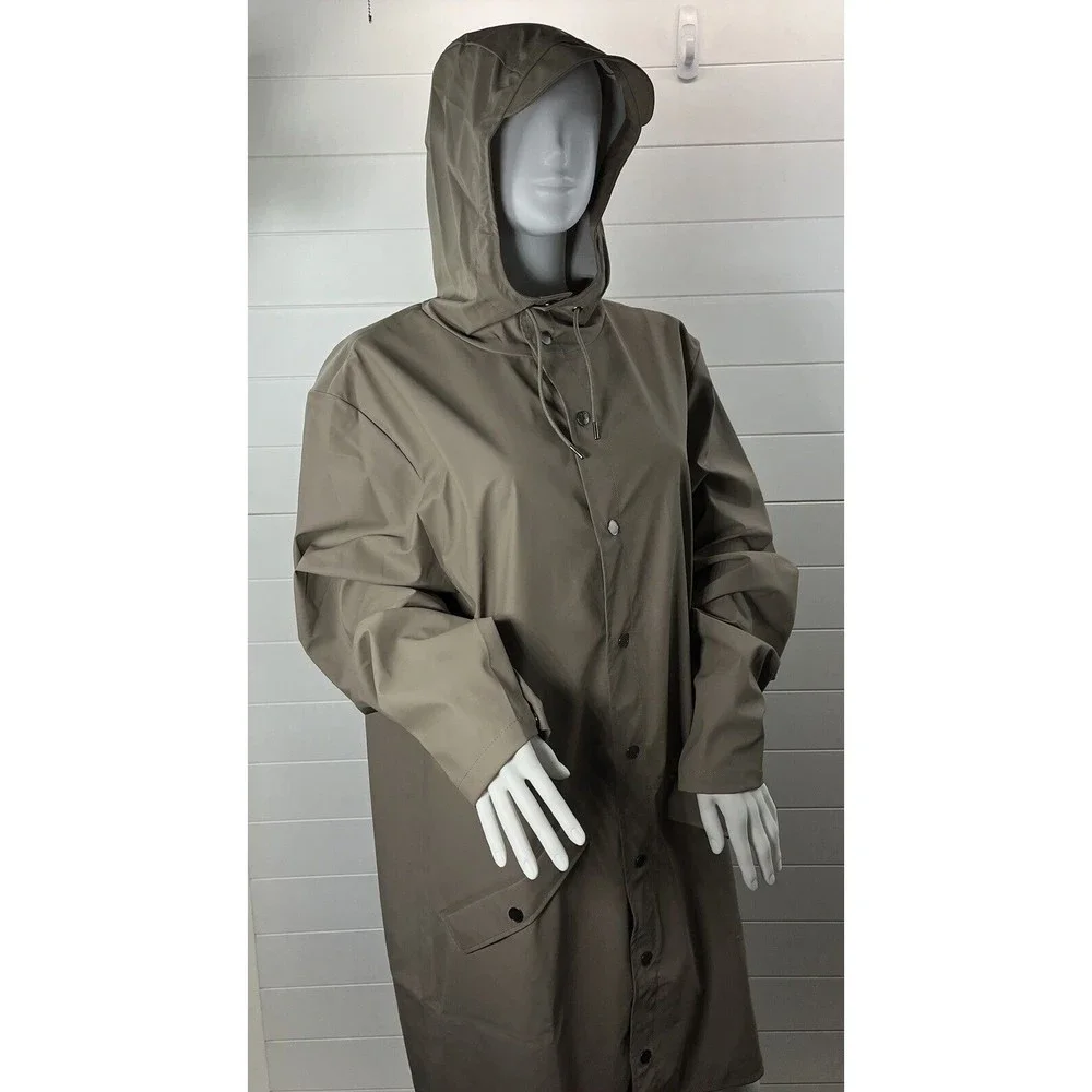 RAINS Brand Unisex Sz Large Classic Taupe Long Waterproof Rain Jacket Snap Front - Picture 10 of 15